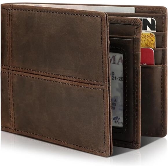 Mens Wallet Genuine Leather Bifold RFID Blocking Wallet for Men, 2 ID Windows - Picture 1 of 6
